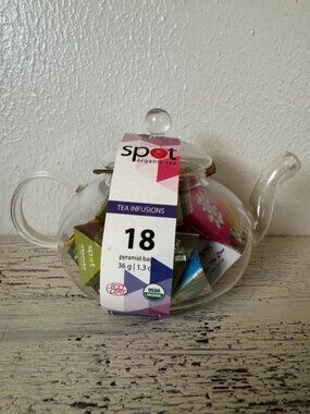 Spot Organic Tea Infusions Borosilicate Glass Teapot W. 18 Pyramid Tea Bags